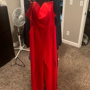 Hot red jumpsuit, front leg slits